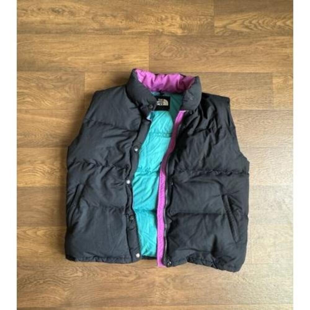 North Face Down Vest Womens  L Vintage Made USA 90s Black Purple Turquoise Snap
